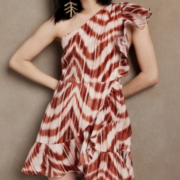 Banana Republic one-shoulder mini belted dress sz 4 hem 24" autumn orange - Picture 2 of 8